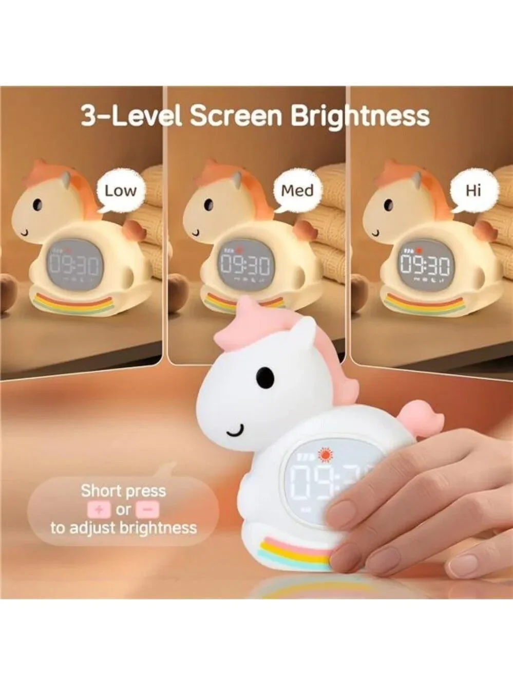 Kids Alarm Clock Night Light Sleep Training Clock Rechargeable Boys Girls Pink